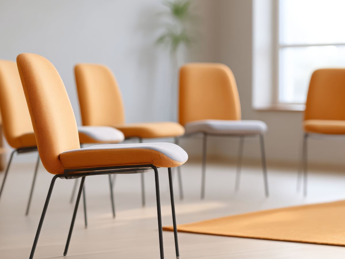 A circle of empty chairs in a bright room, one in the foreground turned toward the viewer.